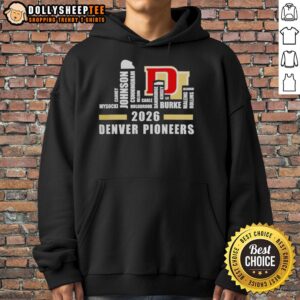 Alt Text: 2026 Denver Pioneers hockey champions hoodie featuring roster names and a city skyline design.