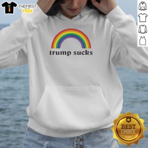Funny rainbow hoodie featuring 'Official Trump Sucks' design, perfect for making a bold statement in style.