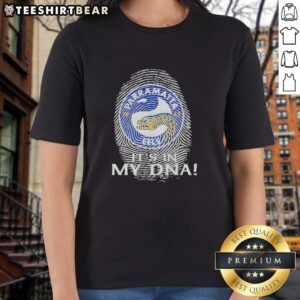 Premium Parramatta Eels Rugby 'It's In My DNA' Fingerprint Ladies Tee featuring team colors and stylish design.