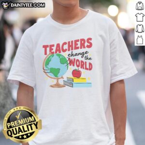 Hot Teachers Change The World White & Red Ringer T-Shirt featuring a bold graphic design for educators and supporters.