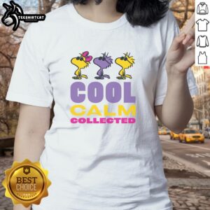 Cool Calm Collected Ladies Tee featuring Nice Peanuts Woodstock design, perfect for casual wear and fans of classic cartoons.