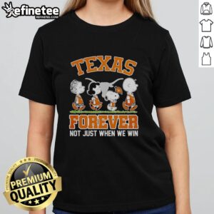 Original Peanuts characters celebrate Texas Longhorns with 'NBA Forever' ladies tee, perfect for fans and casual wear.