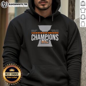 Top Kansas City Mavericks 2026 Brabham Cup Champions trophy hoodie featuring team colors and logo design.