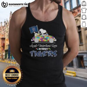 Alt Text: Detroit Tigers X Snoopy and Woodstock driving car on a tank top, featuring the message 'Accept, Understand, Love'.
