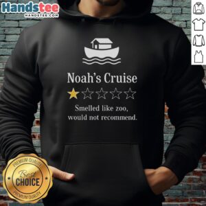 Alt Text: Premium Noah's Cruise hoodie featuring a one-star rating, expressing a zoo-like smell and a negative review.