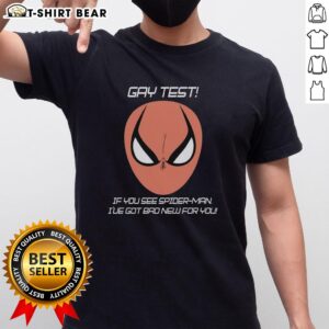 Funny 'Good Gay Test' Spider-Man humor T-shirt design showcasing a playful twist on identity and pop culture.