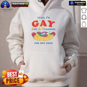 Alt Text: Awesome Yeah I'm Gay hoodie with a hot dog graphic, perfect for LGBTQ+ pride and casual wear.