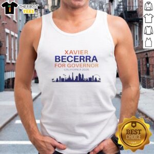 Alt Text: Official Xavier Becerra Governor 2026 tank top featuring a vibrant California skyline design.