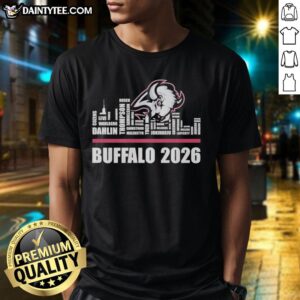 Official Buffalo Sabres 2026 NHL player name T-shirt featuring a city skyline design, perfect for fans and collectors.