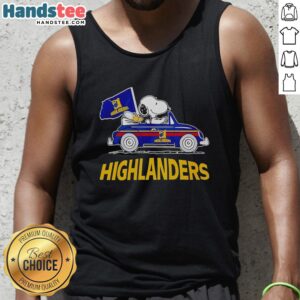 Alt Text: Snoopy and Woodstock driving a car, cheering for Highlanders Rugby Club on a stylish tank top design.