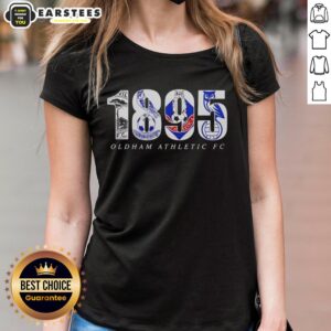 Official Oldham Adult FC 1895 logo on a women's tee, showcasing team pride and heritage in stylish apparel.