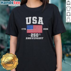 Ladies' tee featuring the US flag for the 250th Anniversary of America on the 4th of July. Patriotic design.