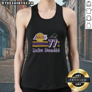 Alt Text: Top Lakers Luka Doncic signature jersey tank top featuring vibrant colors and stylish design for basketball fans.