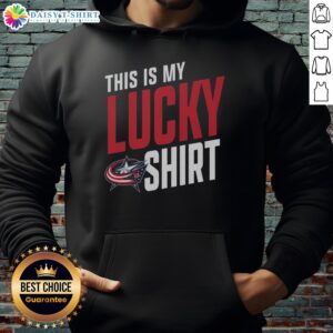 Columbus Blue Jackets fan wearing a lucky hoodie, showcasing team pride and spirit during a game day celebration.