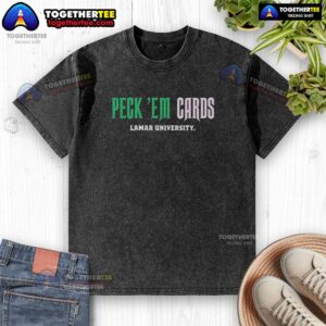Nice Lamar University Peck Em Cards slogan washed t-shirt in vibrant colors, perfect for school spirit and casual wear.