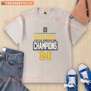 2026 NCAA Division I Men's Basketball National Champions Michigan Wolverines washed t-shirt display.