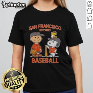 Awesome Charlie Brown, Snoopy, and Woodstock in San Francisco Giants baseball jersey est 1883 on a ladies tee.