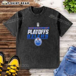 Retro washed t-shirt featuring Edmonton Oilers logo for NHL Stanley Cup Playoffs 2026, perfect for fans.