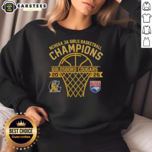 Alt Text: Awesome Goldsboro Cougars NCHSAA 3A Girls Basketball Champions sweatshirt featuring team logo and vibrant colors.