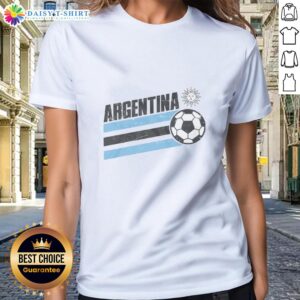Top Argentina Sun World Cup Football Stripe Ladies Tee showcasing vibrant colors and stylish design for football fans.