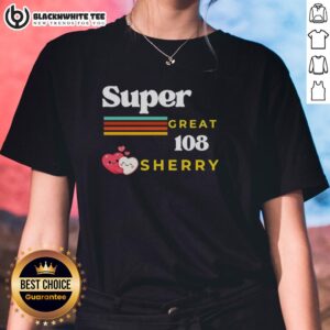 Retro ladies tee featuring 'Hot Super Great 108 Loves Sherry' design with two hearts hugging, perfect for casual wear.