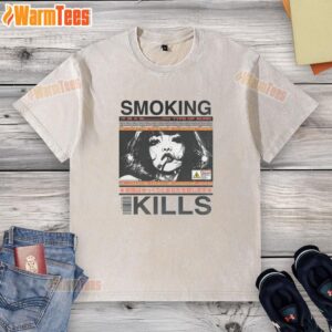 Awesome Smoking Kills retro manga anime graphic style washed t-shirt featuring vibrant illustrations and bold text.