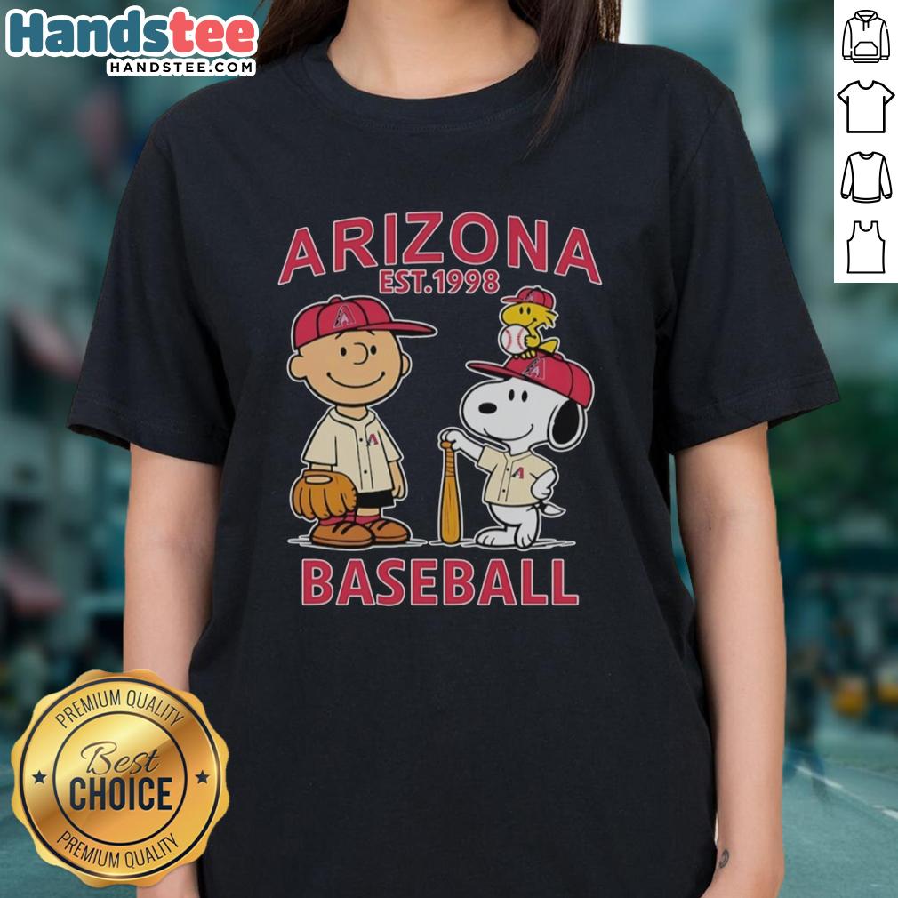 cute-charlie-brown-snoopy-and-woodstock-with-arizona-diamondbacks-baseball-jersey-est-1998-ladies-tee Cute Charlie Brown Snoopy And Woodstock With Arizona Diamondbacks Baseball Jersey Est 1998 T-Shirt - Image 3