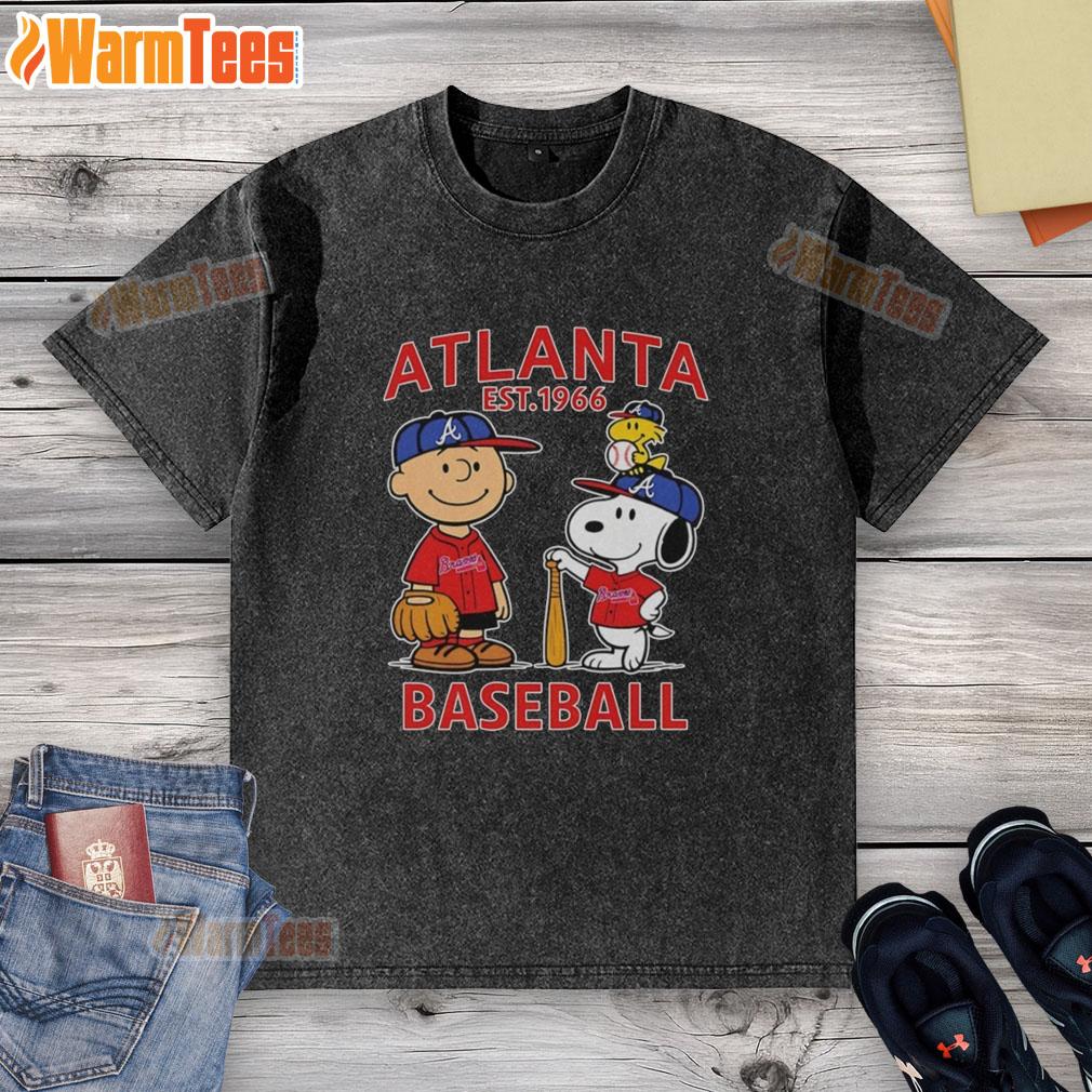cute-charlie-brown-snoopy-and-woodstock-with-atlanta-braves-baseball-jersey-est-1961-washed-t-shirt Alt Text: Cute Charlie Brown, Snoopy, and Woodstock in Atlanta Braves baseball jersey 'Est. 1961' on a washed T-shirt.