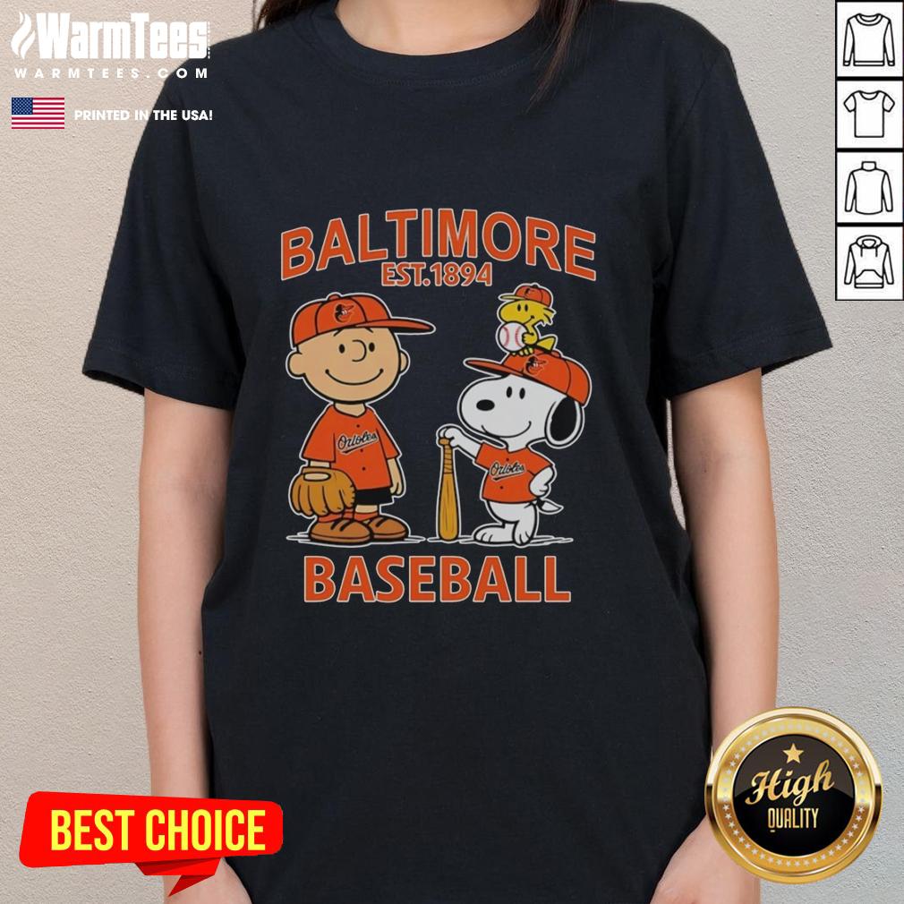 cute-charlie-brown-snoopy-and-woodstock-with-baltimore-orioles-baseball-jersey-est-1894-ladies-tee Alt Text: Cute Charlie Brown, Snoopy, and Woodstock wearing a Baltimore Orioles baseball jersey on a ladies tee, Est. 1894.