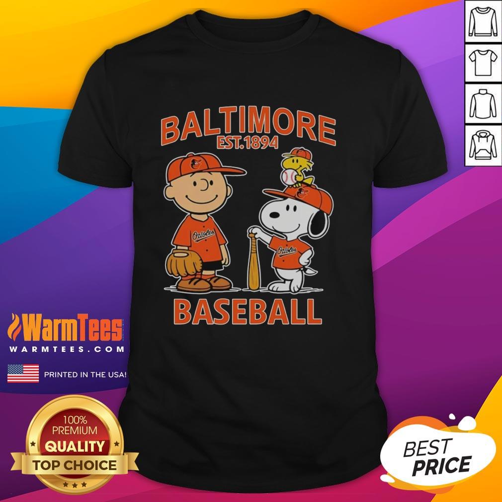 cute-charlie-brown-snoopy-and-woodstock-with-baltimore-orioles-baseball-jersey-est-1894-t-shirt-1 Alt Text: Cute Charlie Brown, Snoopy, and Woodstock wearing Baltimore Orioles baseball jersey t-shirt, Est 1894 design.