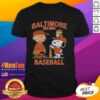Alt Text: Cute Charlie Brown, Snoopy, and Woodstock wearing Baltimore Orioles baseball jersey t-shirt, Est 1894 design.
