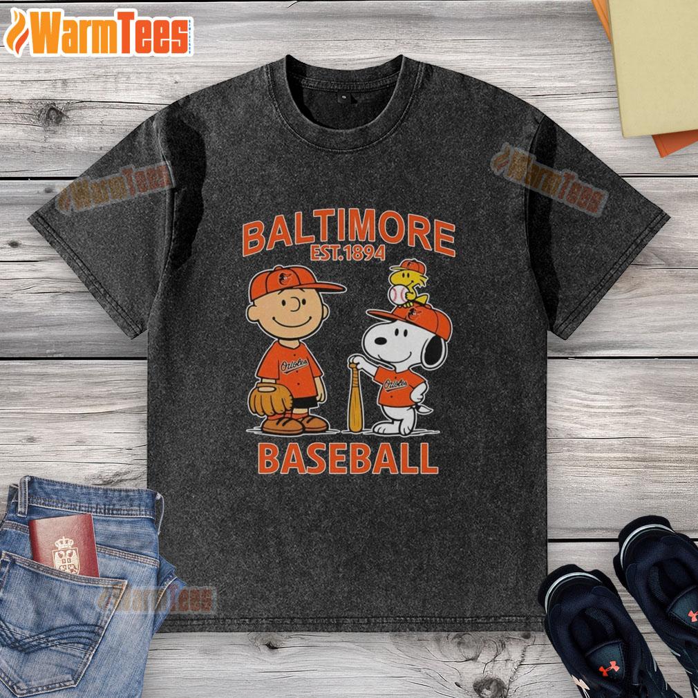 cute-charlie-brown-snoopy-and-woodstock-with-baltimore-orioles-baseball-jersey-est-1894-washed-t-shirt Cute Charlie Brown, Snoopy, and Woodstock wearing a Baltimore Orioles baseball jersey, Est. 1894, on a washed T-shirt.