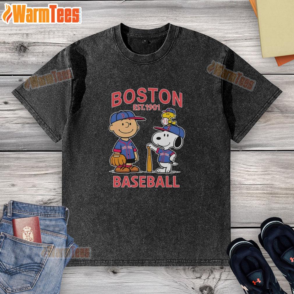 cute-charlie-brown-snoopy-and-woodstock-with-boston-red-sox-baseball-jersey-est-1901-washed-t-shirt Alt Text: Cute Charlie Brown, Snoopy, and Woodstock in Boston Red Sox baseball jersey, showcasing a fun washed T-shirt design.