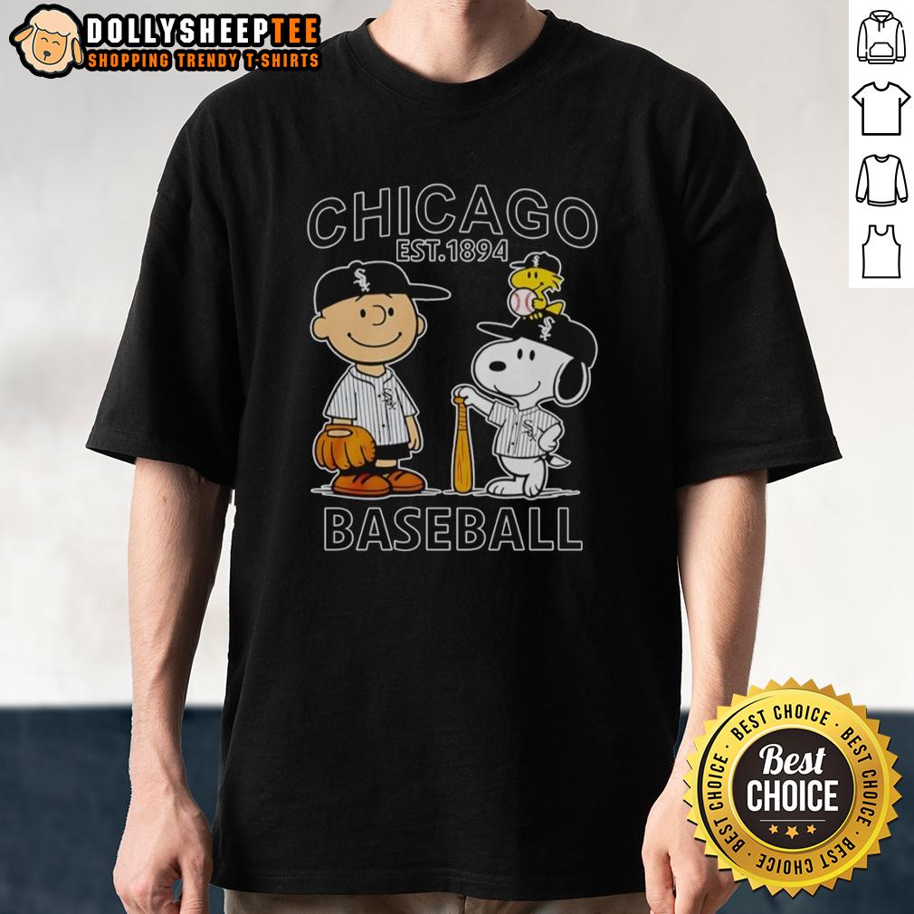 Cute Charlie Brown Snoopy And Woodstock With Chicago White Sox Baseball Jersey Est 1894 T-Shirt Alt Text: Cute Charlie Brown, Snoopy, and Woodstock wearing Chicago White Sox baseball jersey t-shirt, est. 1894.