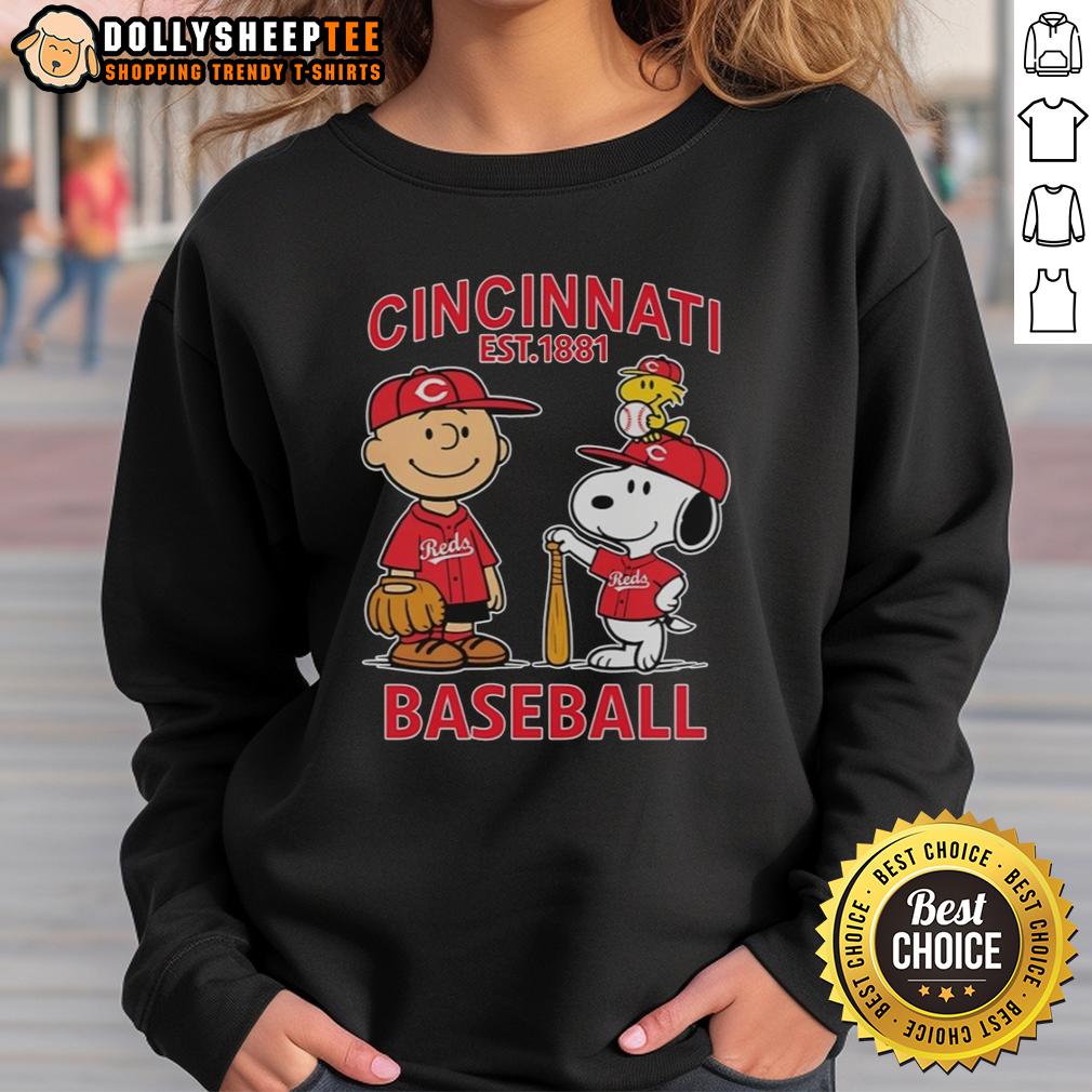 Cute Charlie Brown Snoopy And Woodstock With Cincinnati Reds Baseball Jersey Est 1881 Sweatshirt Cute Charlie Brown, Snoopy, and Woodstock in Cincinnati Reds baseball jersey sweatshirt, est. 1881.