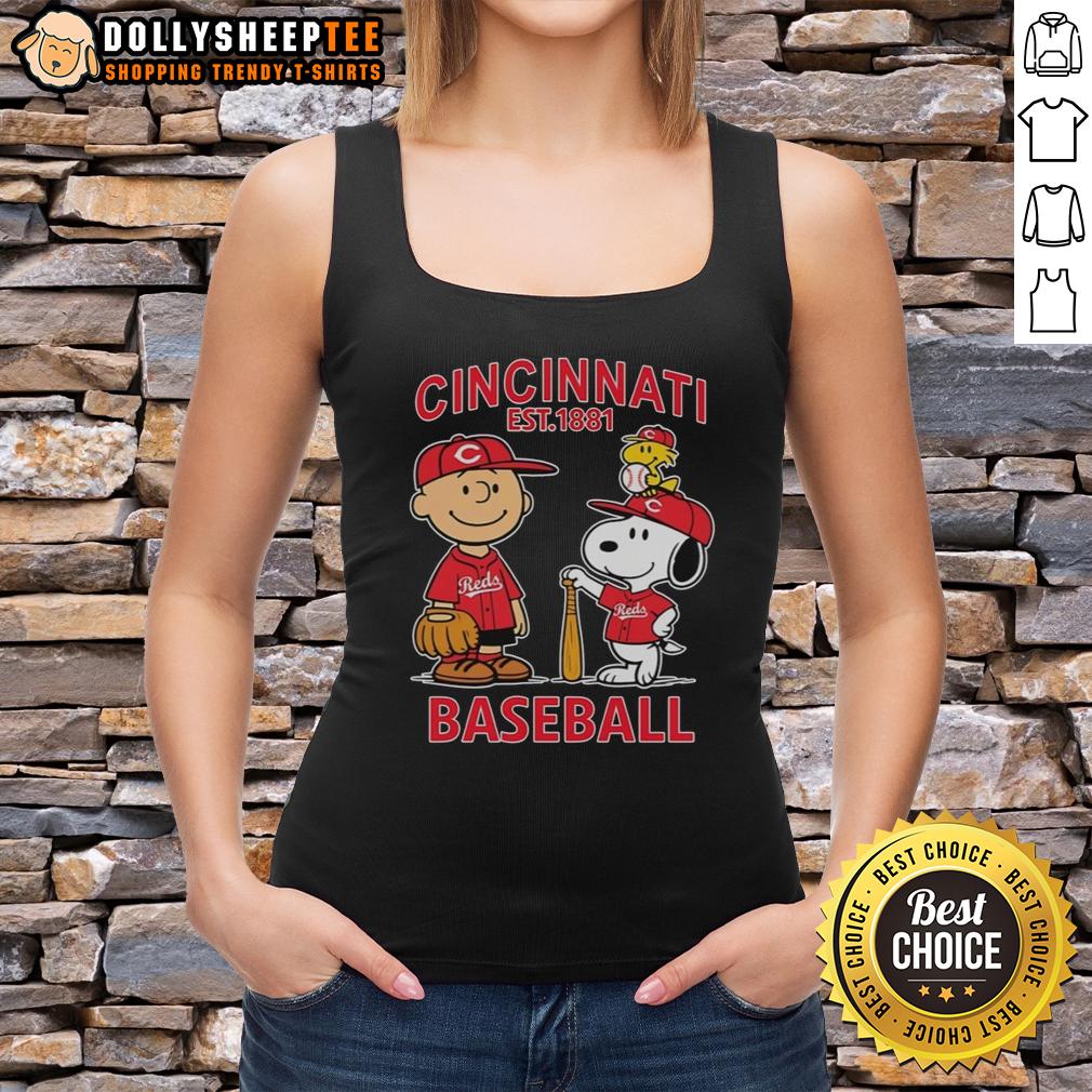 Cute Charlie Brown Snoopy And Woodstock With Cincinnati Reds Baseball Jersey Est 1881 Tank Top Cute Charlie Brown, Snoopy, and Woodstock in Cincinnati Reds baseball jersey tank top, celebrating baseball heritage.