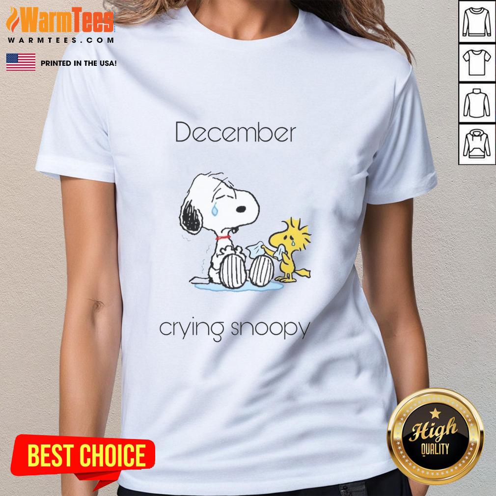 cute-december-crying-snoopy-woodstock-ladies-tee Cute December crying Snoopy and Woodstock graphic on a ladies tee, perfect for winter fashion and Peanuts fans.