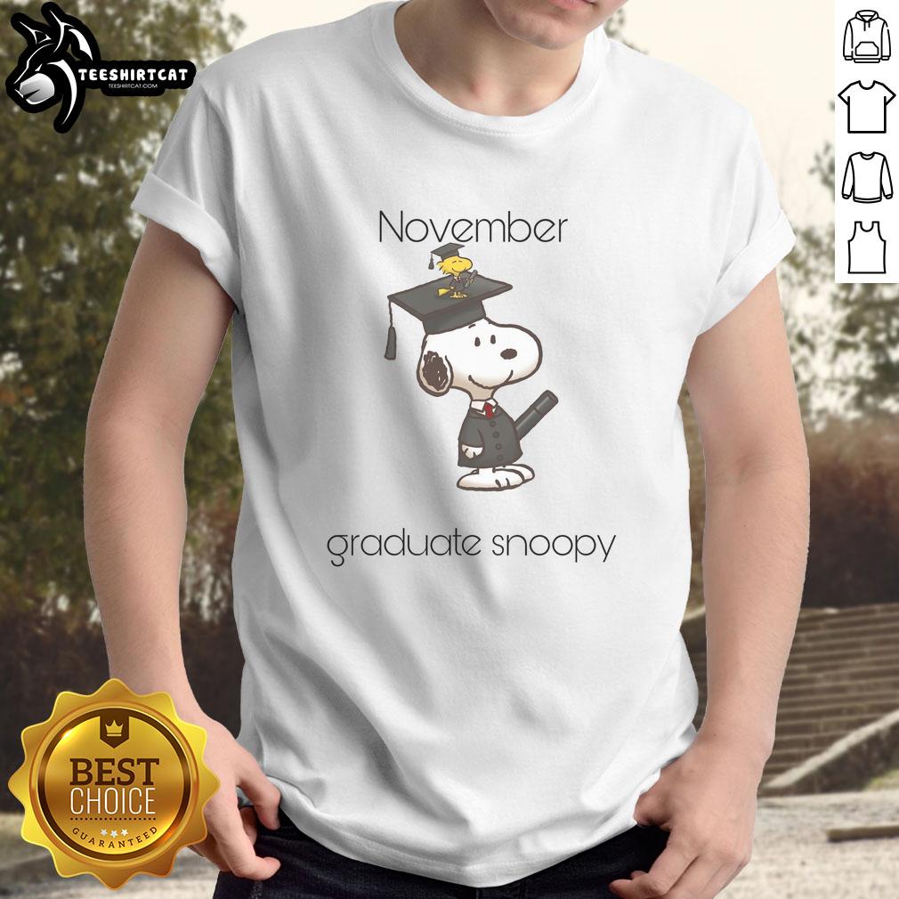 cute-november-graduate-snoopy-woodstock-t-shirt Alt Text: Cute November Graduate Snoopy and Woodstock T-Shirt featuring a fun graduation design perfect for celebrating.