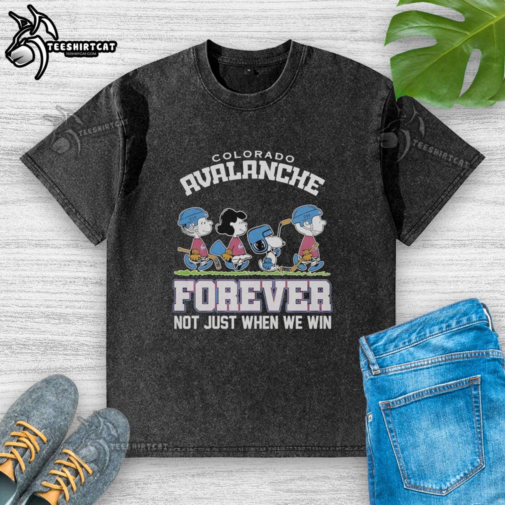 cute-peanuts-characters-x-colorado-avalanche-nhl-forever-not-just-when-we-win-washed-t-shirt Alt Text: Cute Peanuts characters on Colorado Avalanche NHL t-shirt, celebrating fandom with 'Forever, Not Just When We Win' slogan.