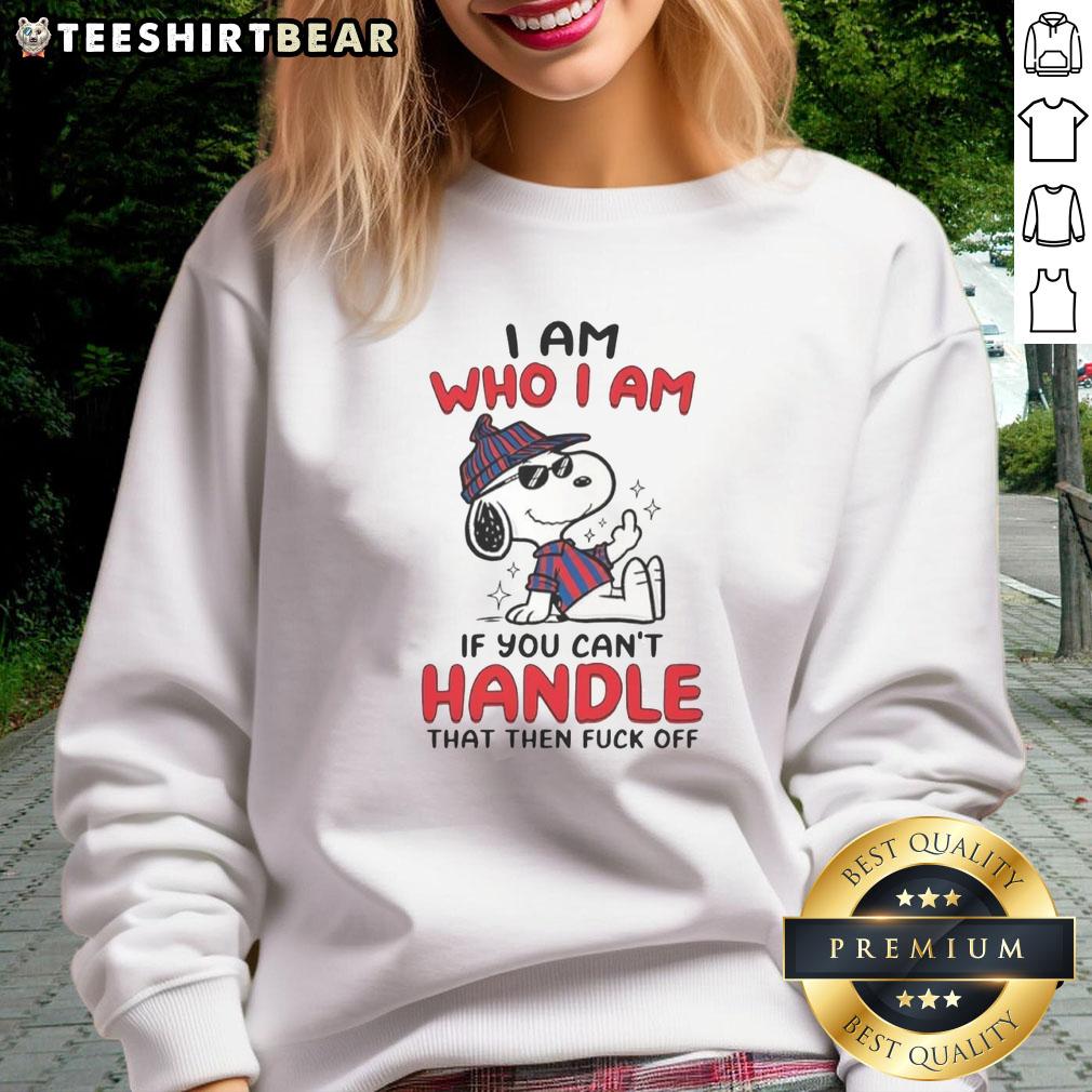 cute-snoopy-i-am-who-i-am-middle-finger-sweatshirt Alt Text: Cute Snoopy I Am Who I Am sweatshirt featuring Snoopy with a playful middle finger gesture, perfect for casual wear.