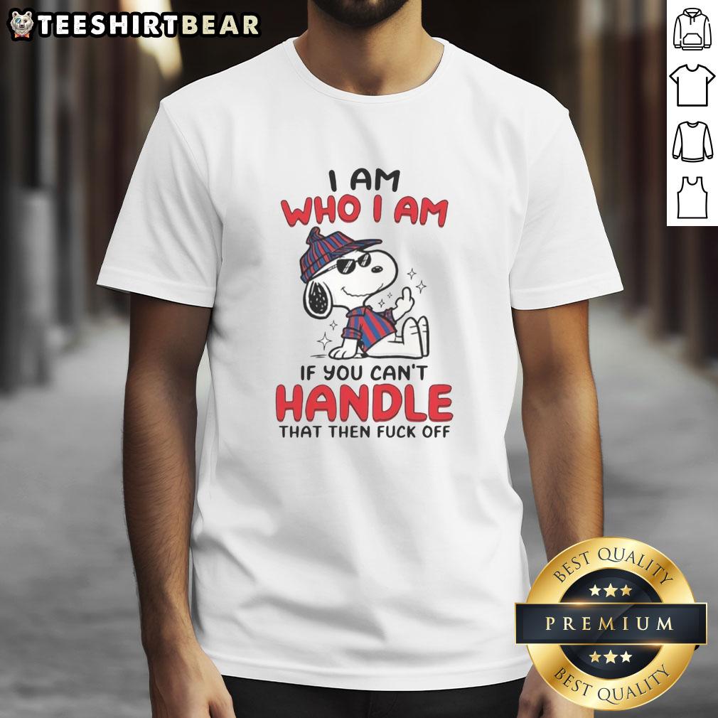 cute-snoopy-i-am-who-i-am-middle-finger-t-shirt Alt Text: Cute Snoopy I Am Who I Am Middle Finger T-Shirt featuring a playful Snoopy graphic, perfect for casual wear.