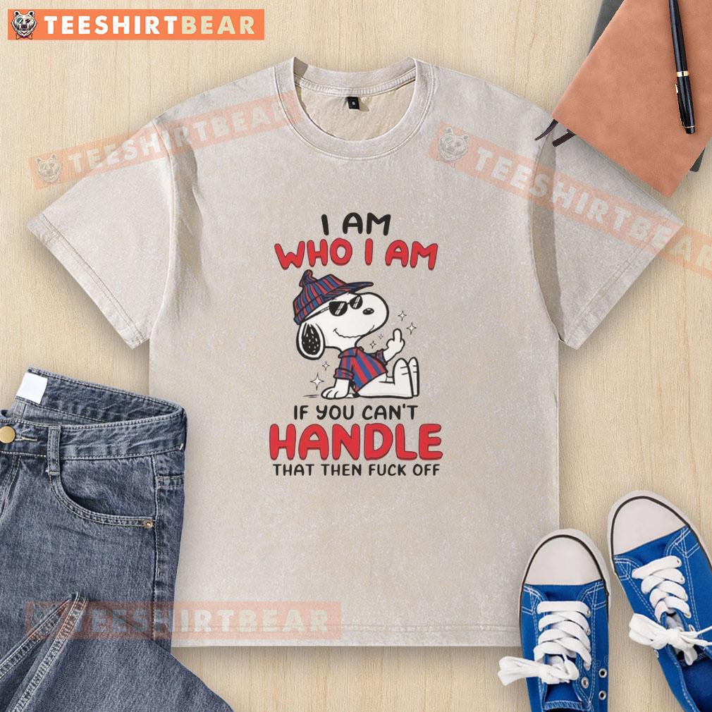 cute-snoopy-i-am-who-i-am-middle-finger-washed-t-shirt Alt Text: Cute Snoopy 'I Am Who I Am' middle finger washed t-shirt design featuring vibrant colors and playful graphics.