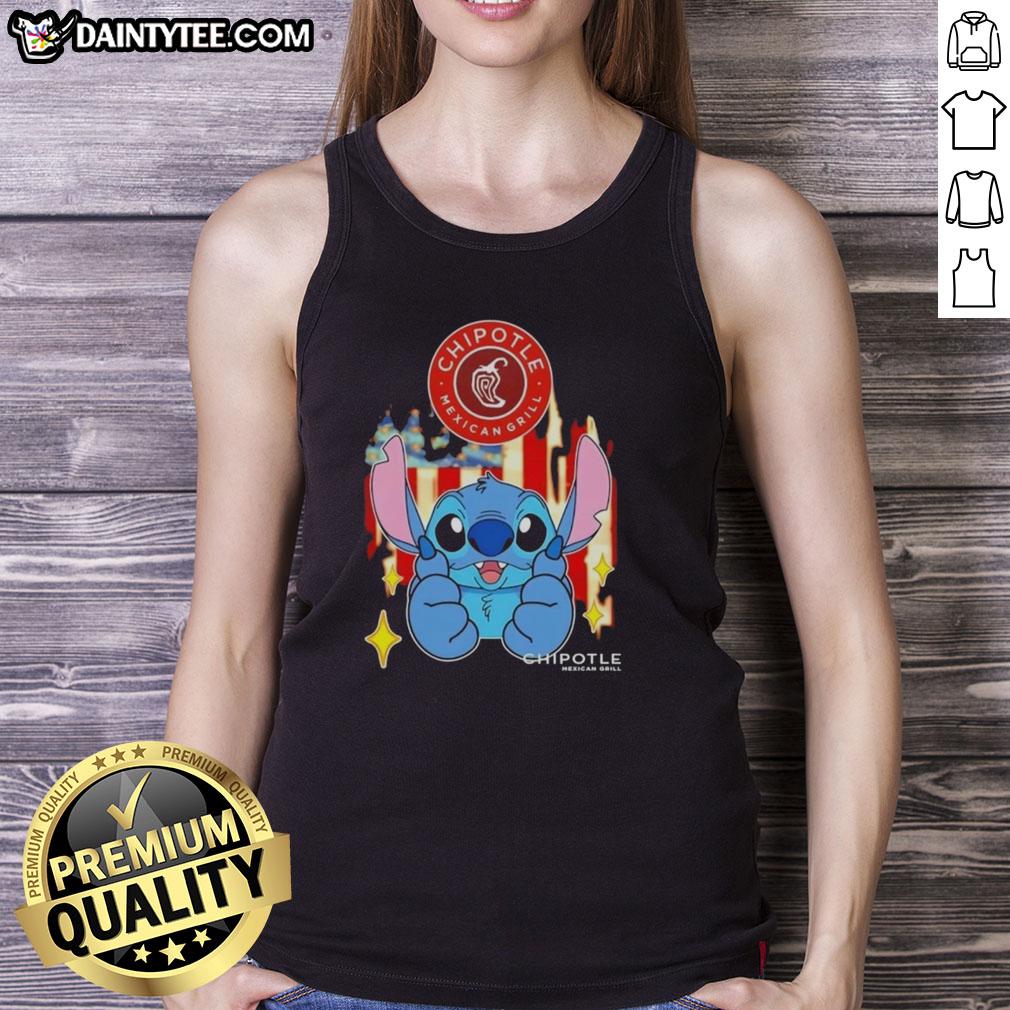 cute-stitch-like-chipotle-mexican-grill-usa-flag-tank-top Alt Text: Cute Stitch-like Chipotle Mexican Grill tank top featuring the USA flag design, perfect for summer wear and fans.