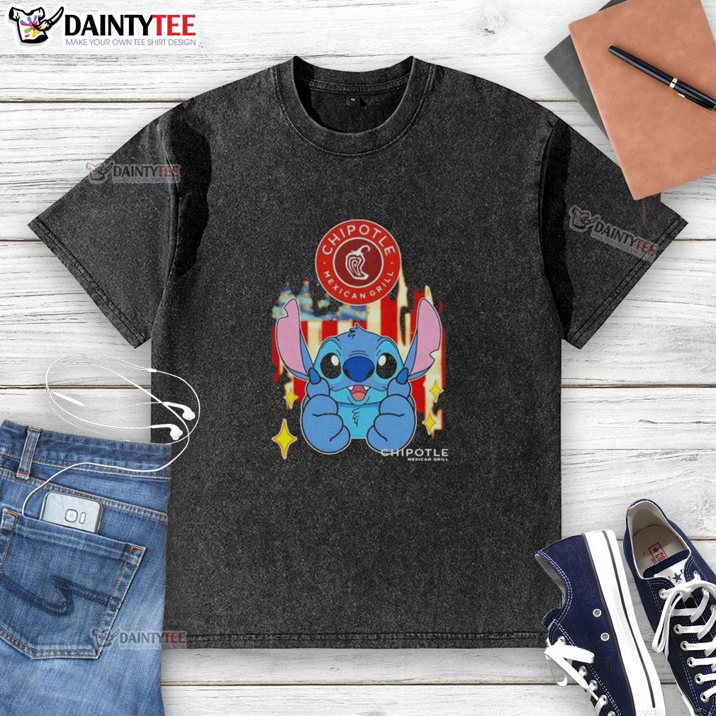 cute-stitch-like-chipotle-mexican-grill-usa-flag-washed-t-shirt Alt Text: Cute Stitch-like Chipotle Mexican Grill t-shirt featuring the USA flag design in a stylish, washed look.