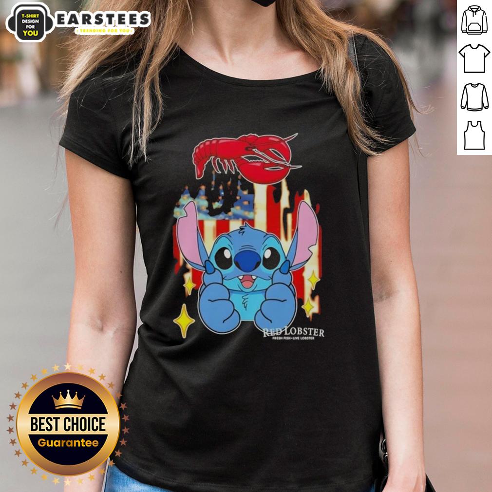 cute-stitch-like-red-lobster-usa-flag-ladies-tee Alt Text: Cute stitch-like red lobster design on a USA flag ladies tee, perfect for summer and patriotic celebrations.