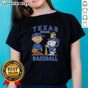 Good Charlie Brown, Snoopy, and Woodstock in Texas Rangers baseball jersey est. 1961 on ladies tee shirt.