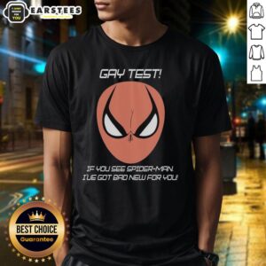 Funny 'Nice Gay Test' Spider-Man humor t-shirt design featuring playful text and vibrant colors for LGBTQ+ pride.