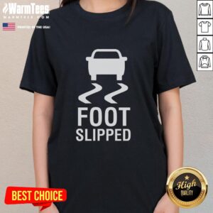 Alt Text: Happy accident ladies tee featuring a fun design of a foot slipping, perfect for casual wear and playful style.