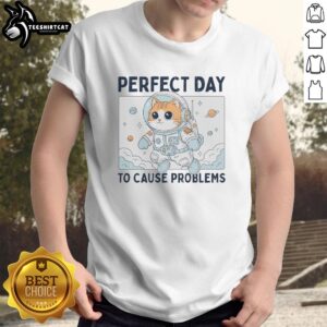 Funny 'Nice Perfect Day To Cause Problems' astronaut cat t-shirt design featuring a playful cat in a space suit.