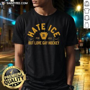 Good Hate Ice But Love Gay Hockey T-Shirt featuring a colorful graphic design celebrating LGBTQ+ hockey culture.